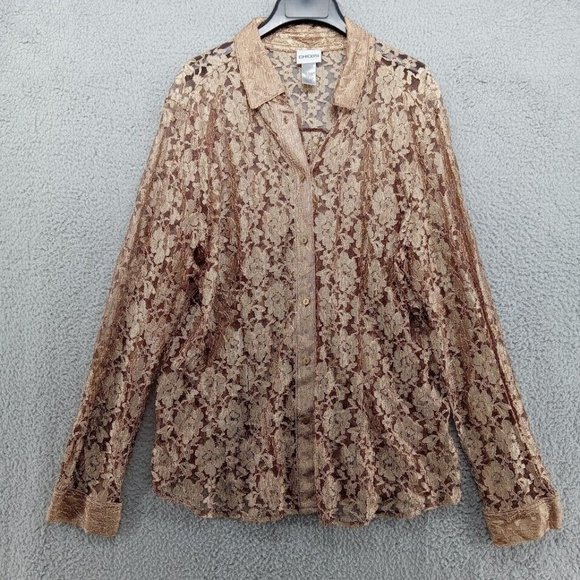 Chicos Shirt Womens 3 Large Gold Crochet Shimmer Fairycore Earthy Floral - Picture 1 of 8